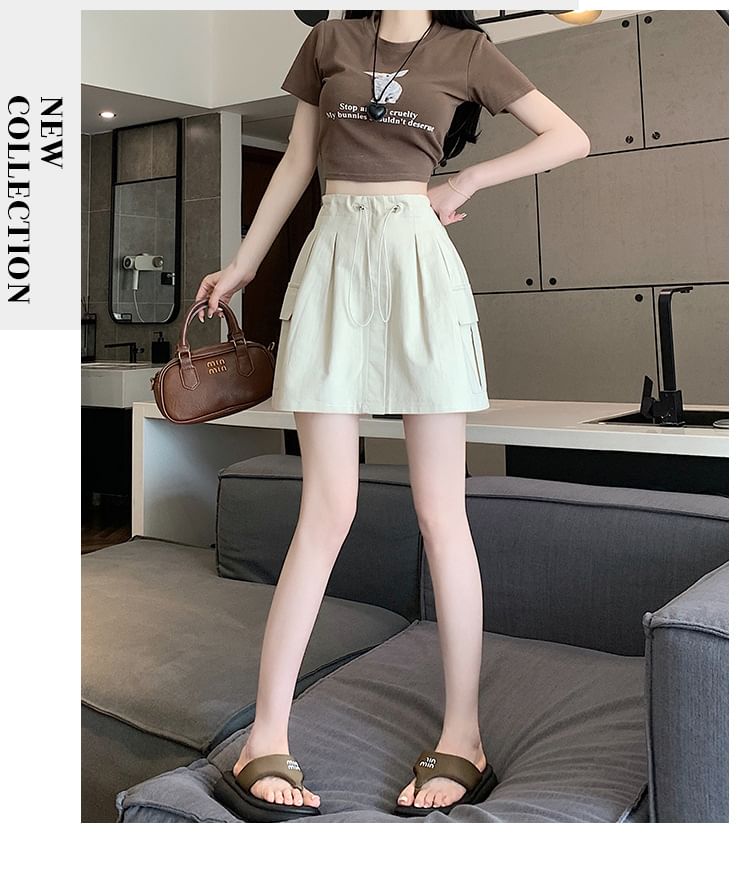 Drawstring Cargo Mini Flared Skirt with High Rise
