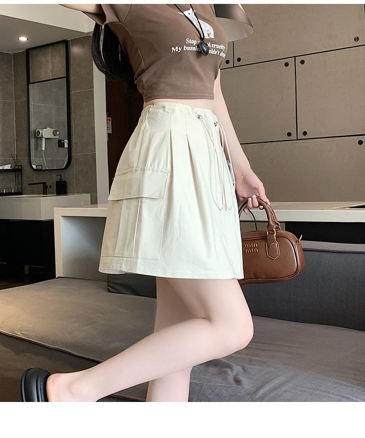 Drawstring Cargo Mini Flared Skirt with High Rise