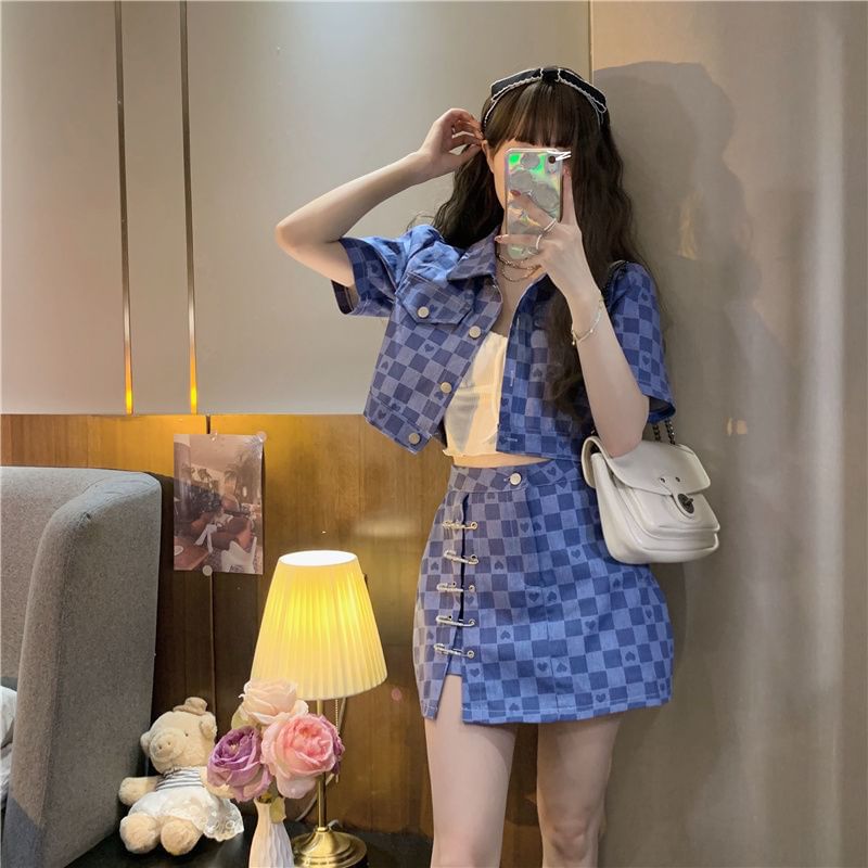 Checkerboard Shirt and Safety Pin Mini Skirt Set