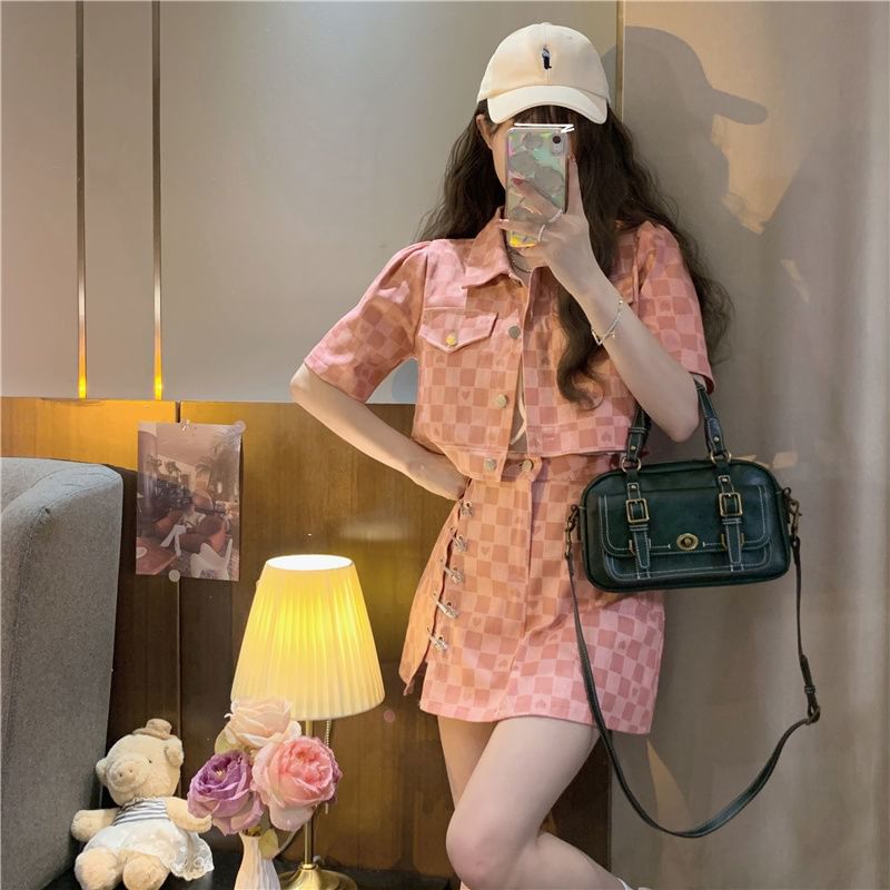 Checkerboard Shirt and Safety Pin Mini Skirt Set