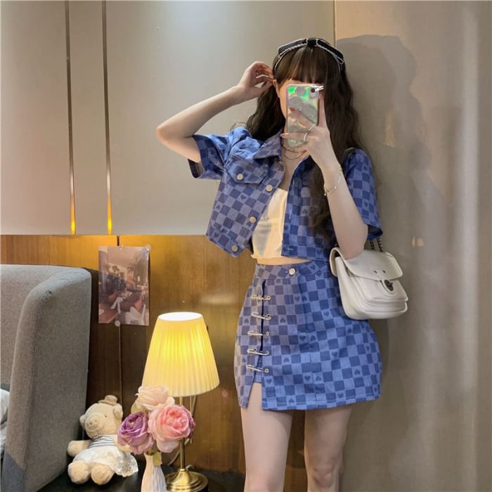Checkerboard Shirt and Safety Pin Mini Skirt Set