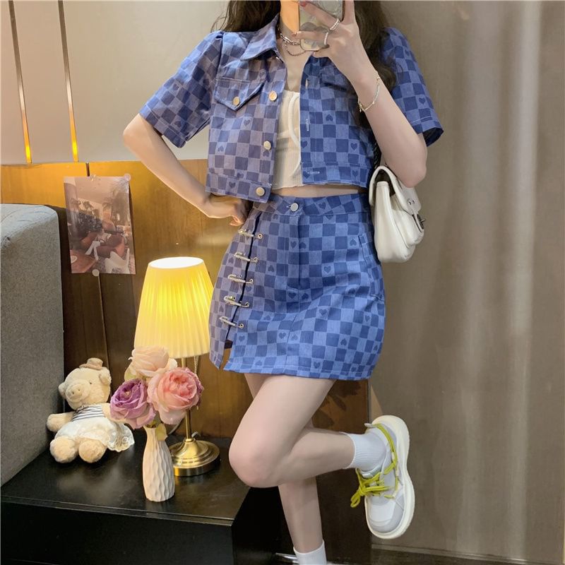 Checkerboard Shirt and Safety Pin Mini Skirt Set