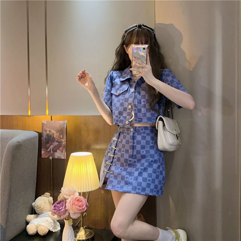 Checkerboard Shirt and Safety Pin Mini Skirt Set