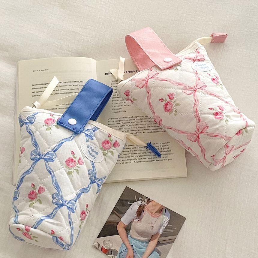 Bow Floral Print Standing Makeup Bag / Pencil Case