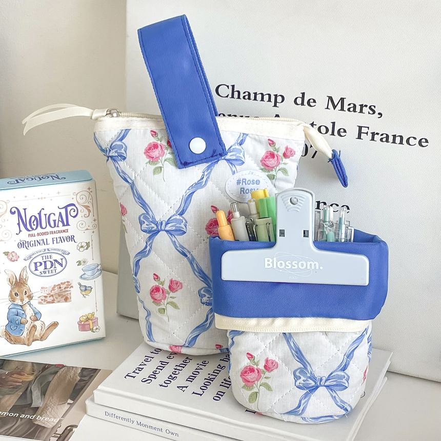 Bow Floral Print Standing Makeup Bag / Pencil Case