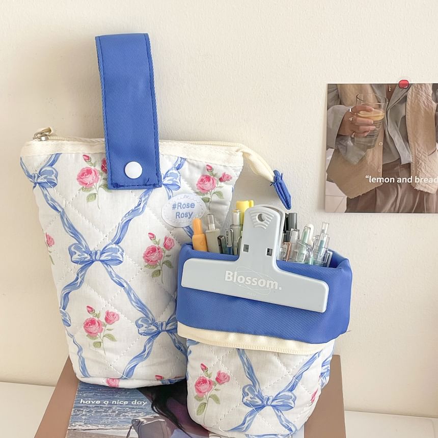 Bow Floral Print Standing Makeup Bag / Pencil Case