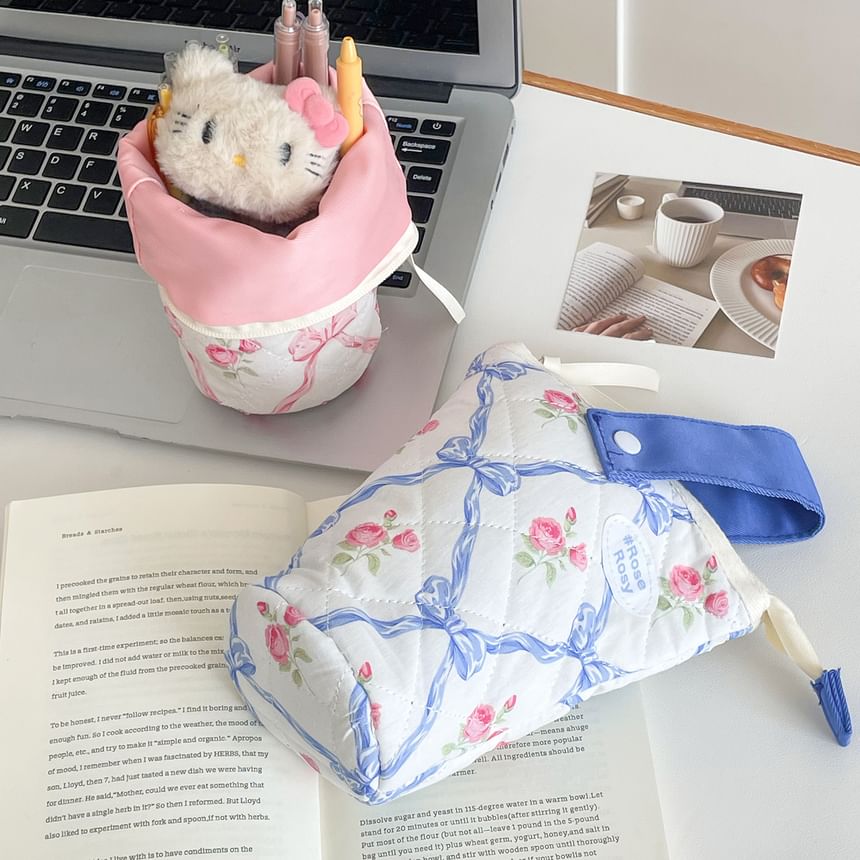 Bow Floral Print Standing Makeup Bag / Pencil Case