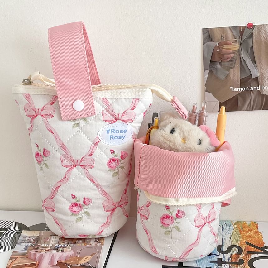 Bow Floral Print Standing Makeup Bag / Pencil Case