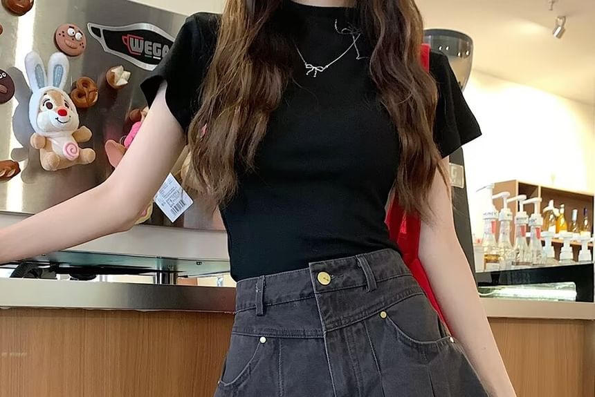 Pleated Denim Mini Skirt with High Rise