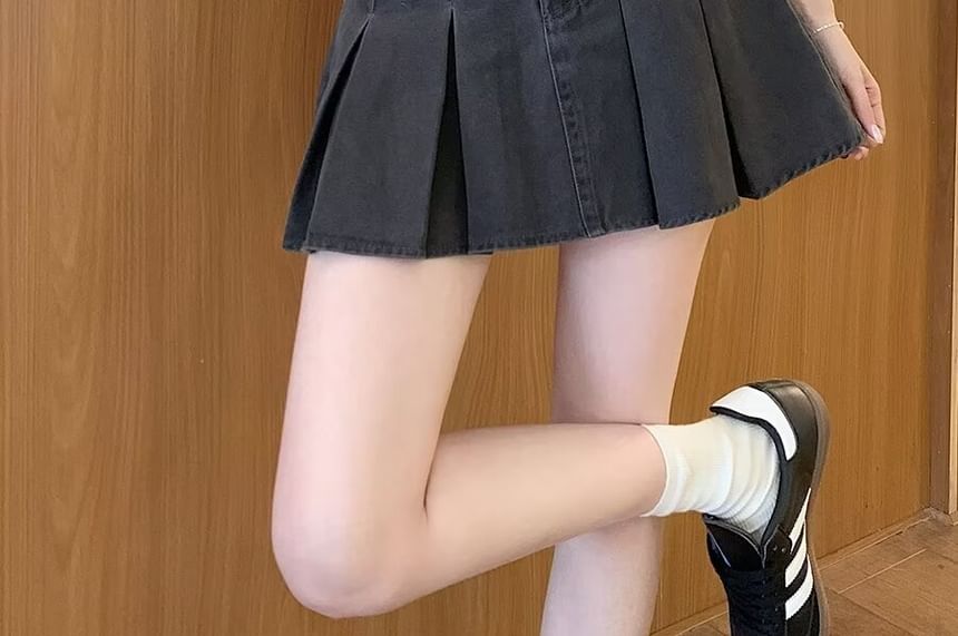 Pleated Denim Mini Skirt with High Rise