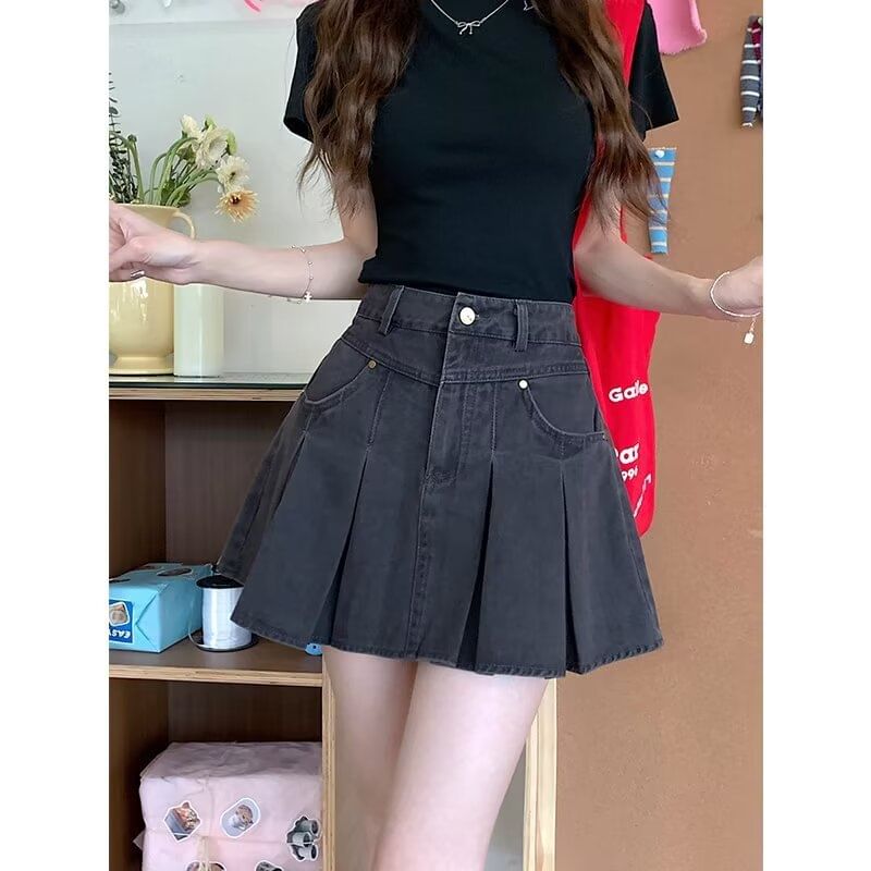 Pleated Denim Mini Skirt with High Rise