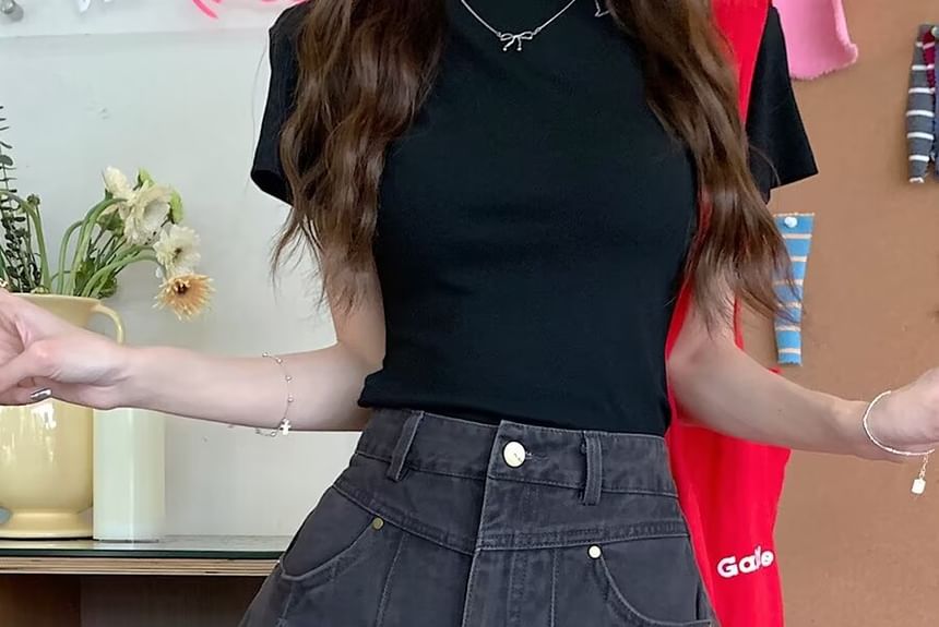 Pleated Denim Mini Skirt with High Rise