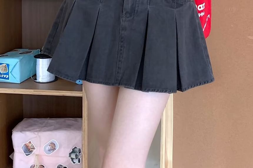 Pleated Denim Mini Skirt with High Rise