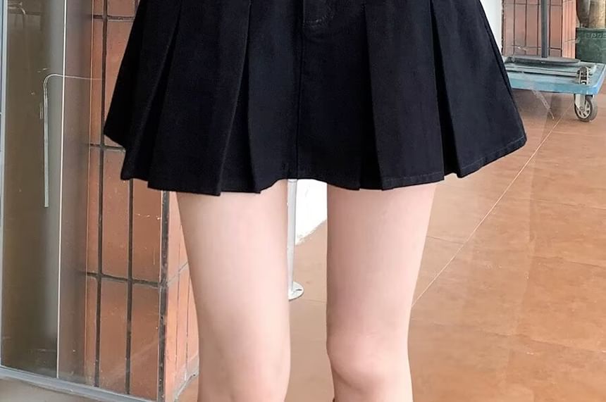 Pleated Denim Mini Skirt with High Rise