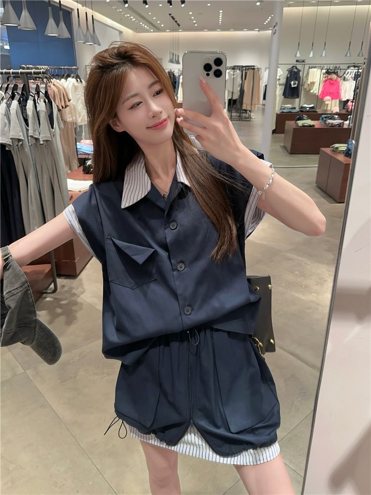 Striped Cap-Sleeve Blouse with Zipped Cargo Mini Skirt