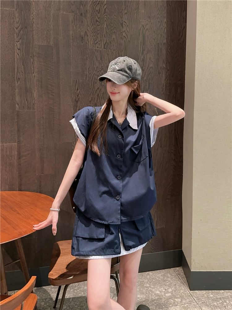Striped Cap-Sleeve Blouse with Zipped Cargo Mini Skirt