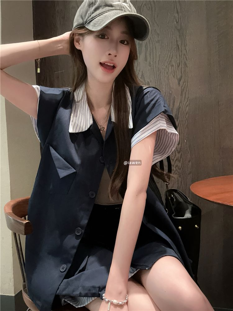 Striped Cap-Sleeve Blouse with Zipped Cargo Mini Skirt