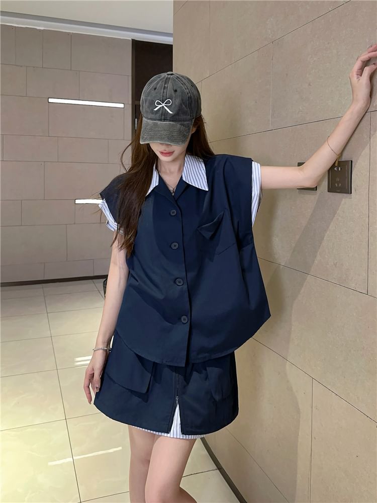 Striped Cap-Sleeve Blouse with Zipped Cargo Mini Skirt