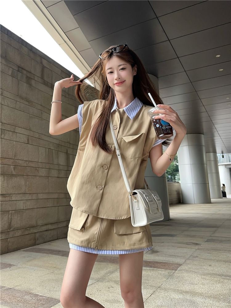 Striped Cap-Sleeve Blouse with Zipped Cargo Mini Skirt