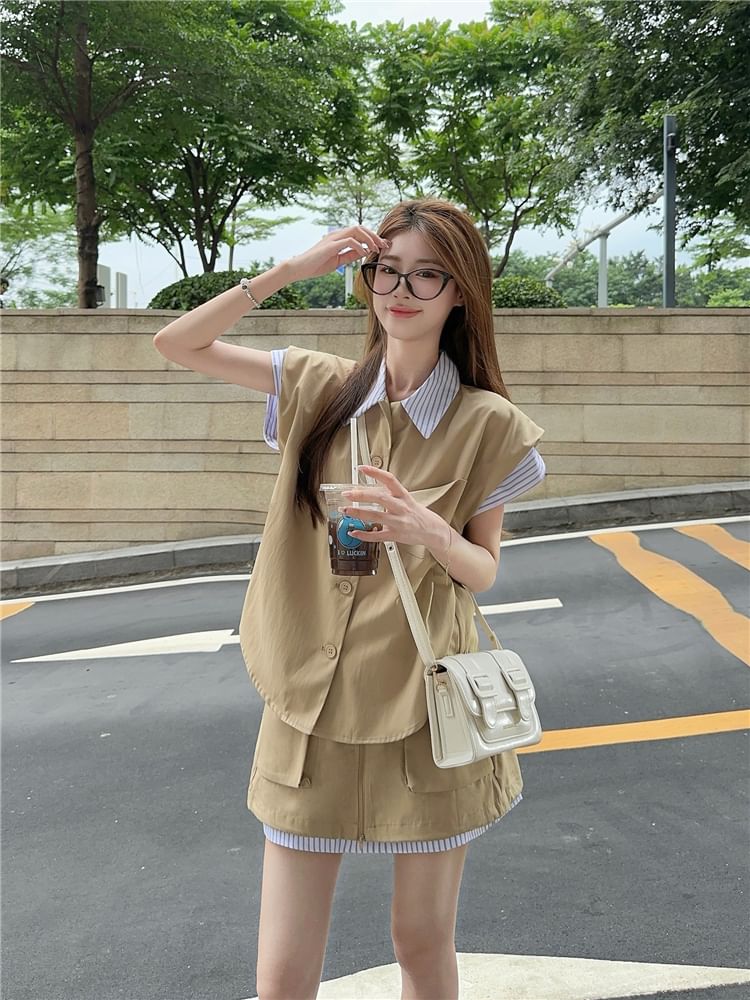Striped Cap-Sleeve Blouse with Zipped Cargo Mini Skirt