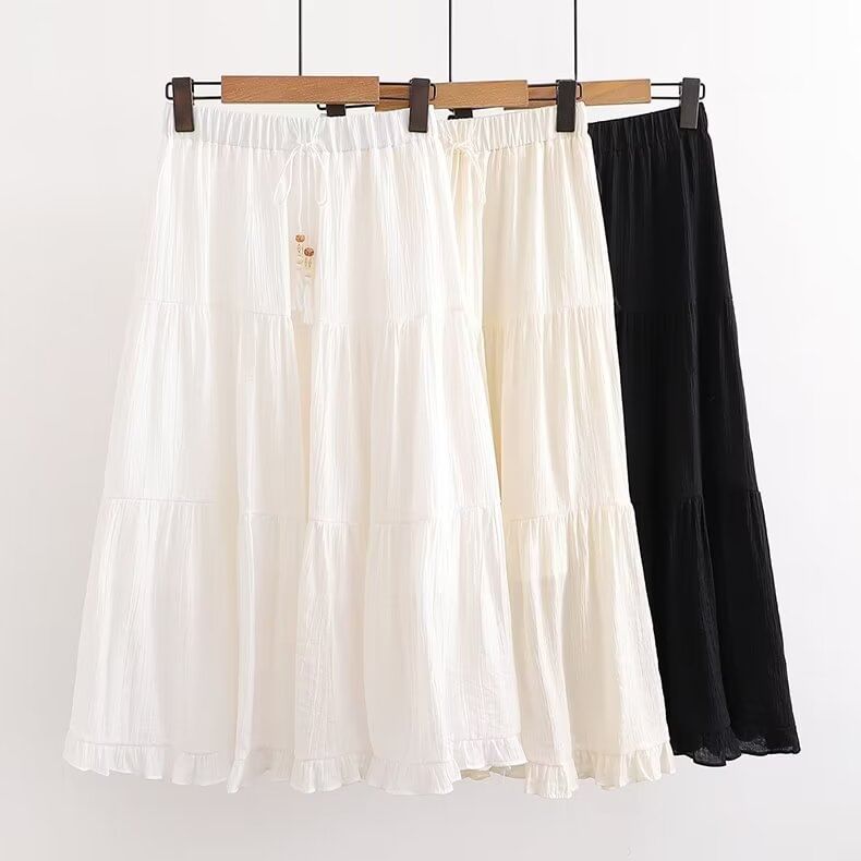 Frill-Trimmed Solid Midi Flared Skirt with High Rise