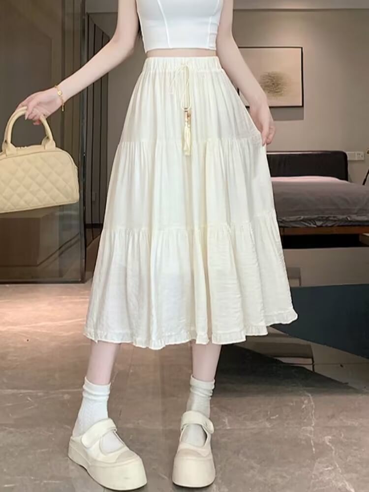 Frill-Trimmed Solid Midi Flared Skirt with High Rise