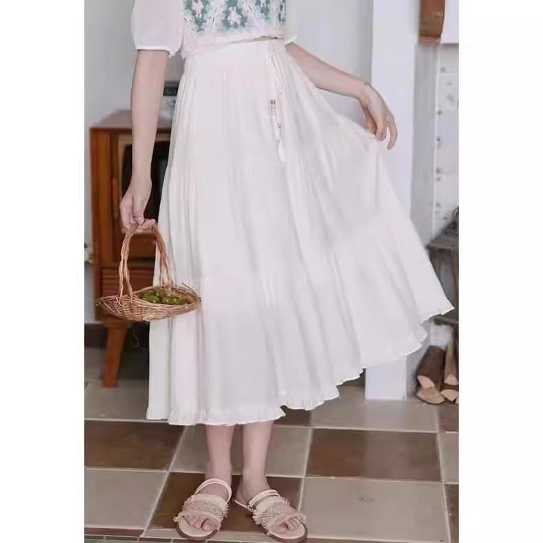 Frill-Trimmed Solid Midi Flared Skirt with High Rise