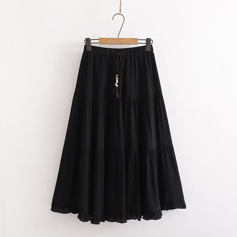 Frill-Trimmed Solid Midi Flared Skirt with High Rise