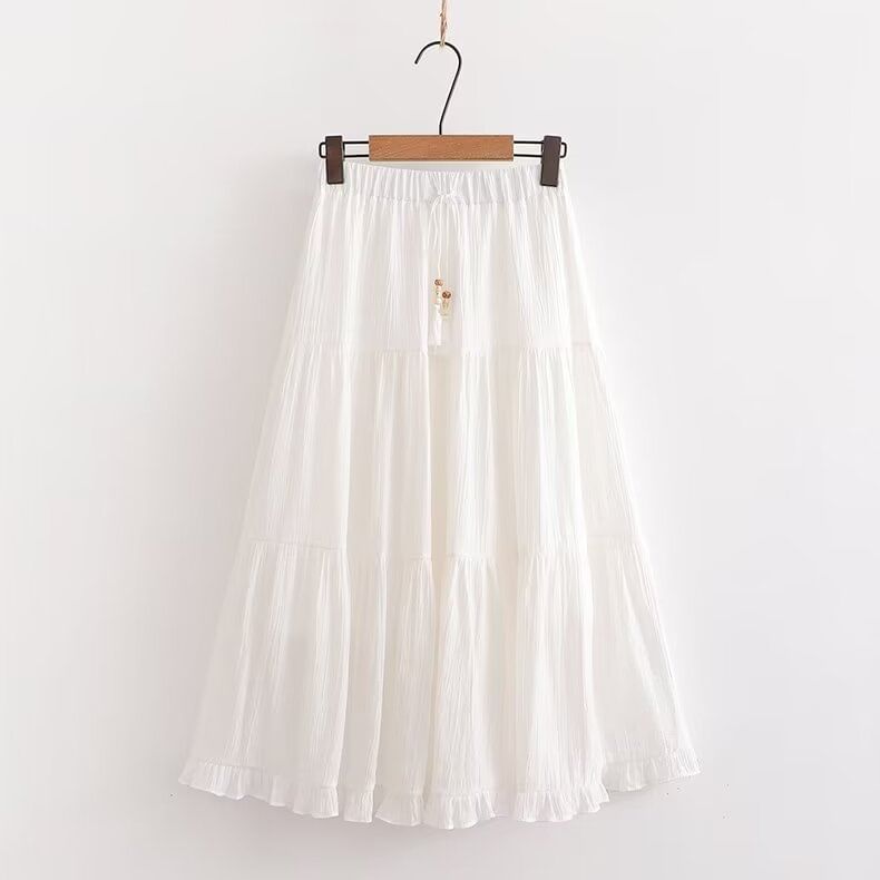 Frill-Trimmed Solid Midi Flared Skirt with High Rise