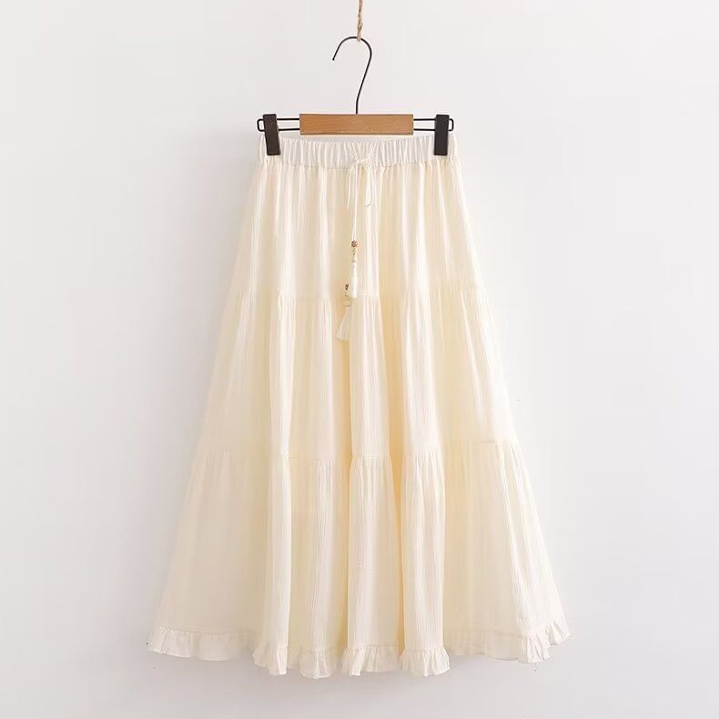 Frill-Trimmed Solid Midi Flared Skirt with High Rise