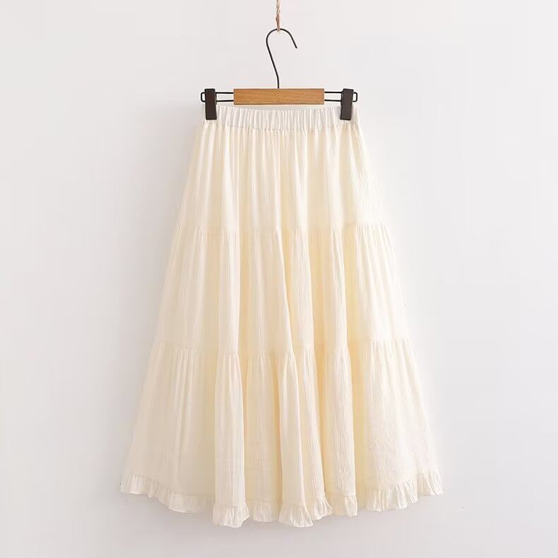Frill-Trimmed Solid Midi Flared Skirt with High Rise