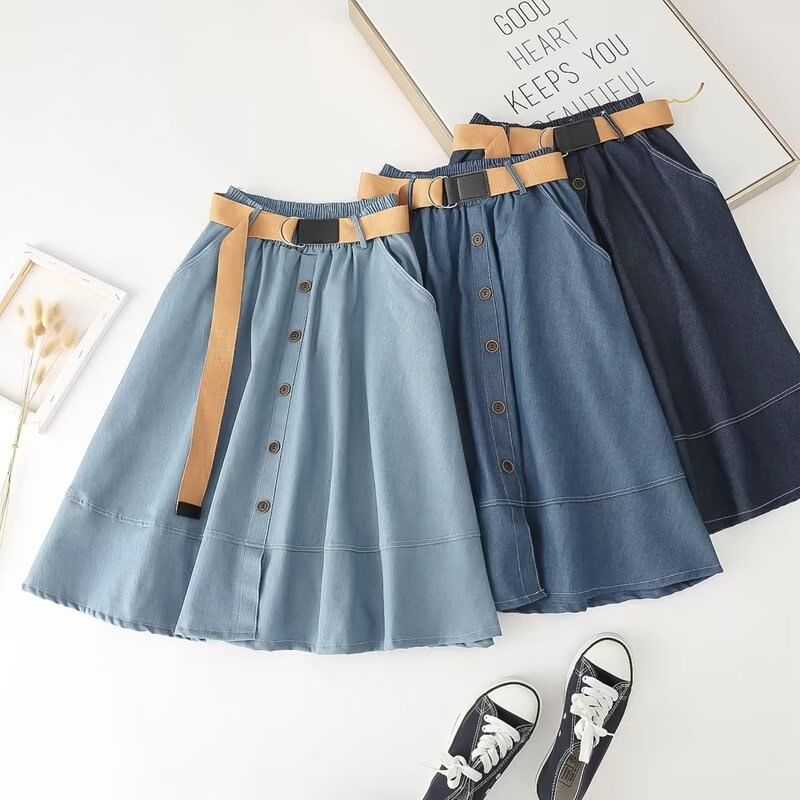 Elastic Waist Denim Midi Skirt with Button Accent and Belt