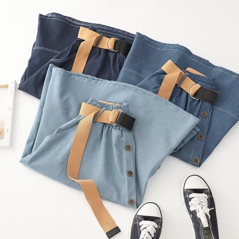 Elastic Waist Denim Midi Skirt with Button Accent and Belt