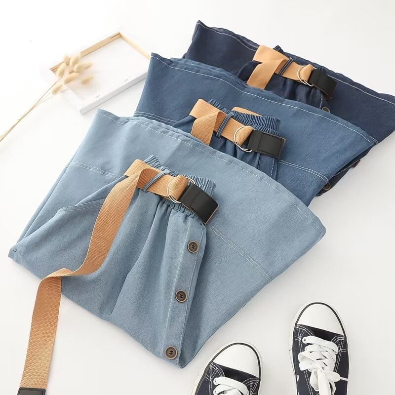 Elastic Waist Denim Midi Skirt with Button Accent and Belt