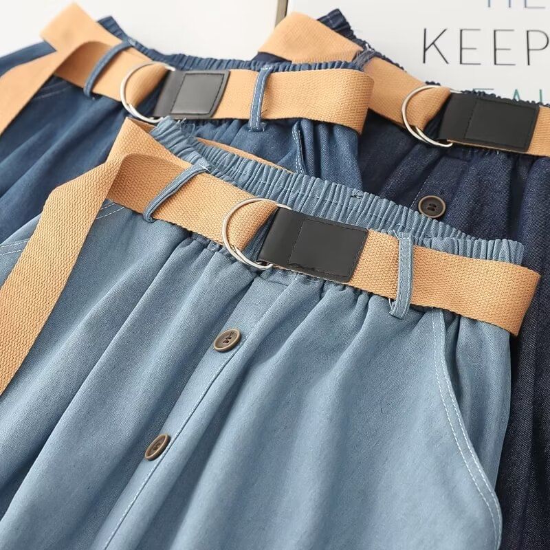 Elastic Waist Denim Midi Skirt with Button Accent and Belt