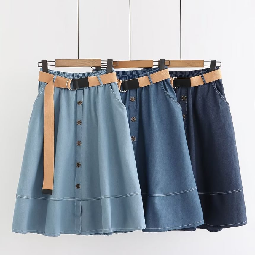 Elastic Waist Denim Midi Skirt with Button Accent and Belt