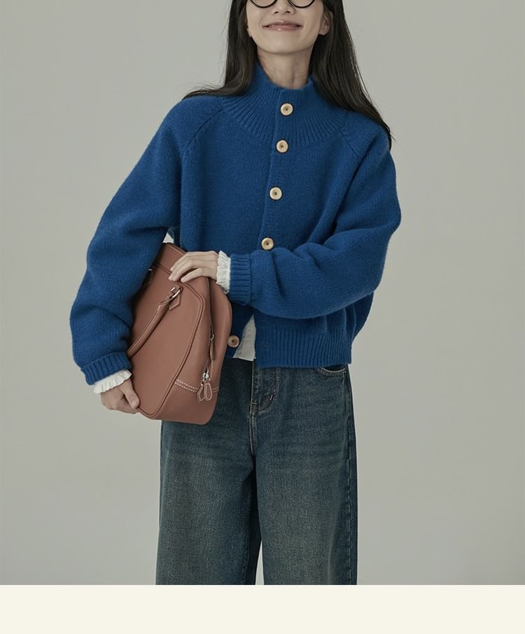 Mock Neck Plain Button Cardigan