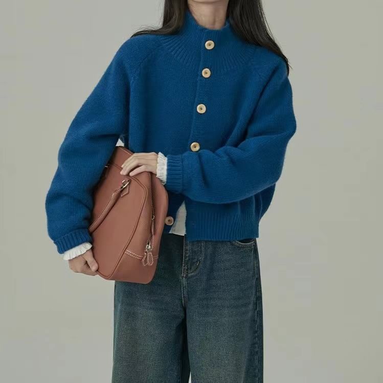 Mock Neck Plain Button Cardigan