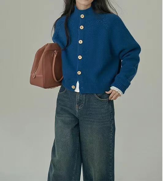 Mock Neck Plain Button Cardigan
