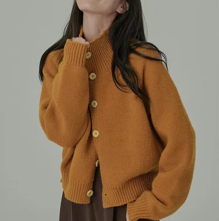 Mock Neck Plain Button Cardigan