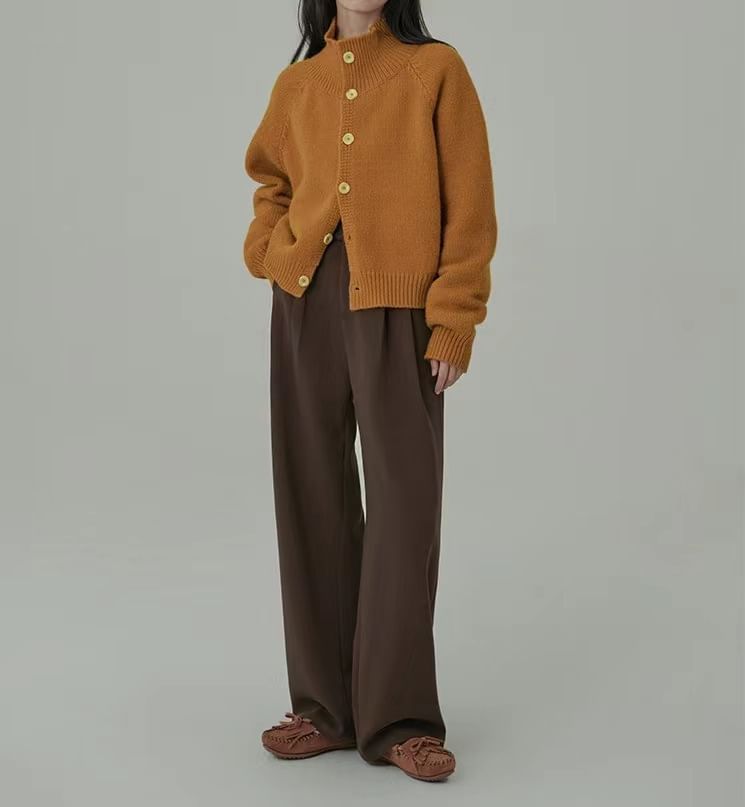 Mock Neck Plain Button Cardigan