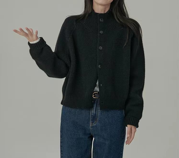 Mock Neck Plain Button Cardigan