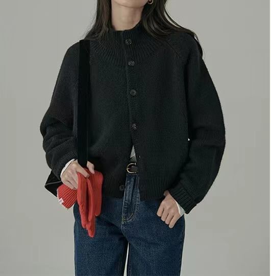 Mock Neck Plain Button Cardigan