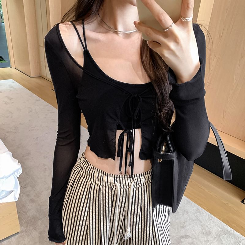 Long Sleeve Tie Front Light Cropped Knit