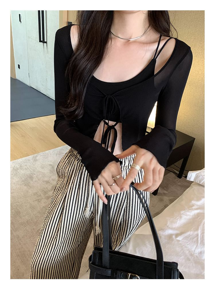 Long Sleeve Tie Front Light Cropped Knit