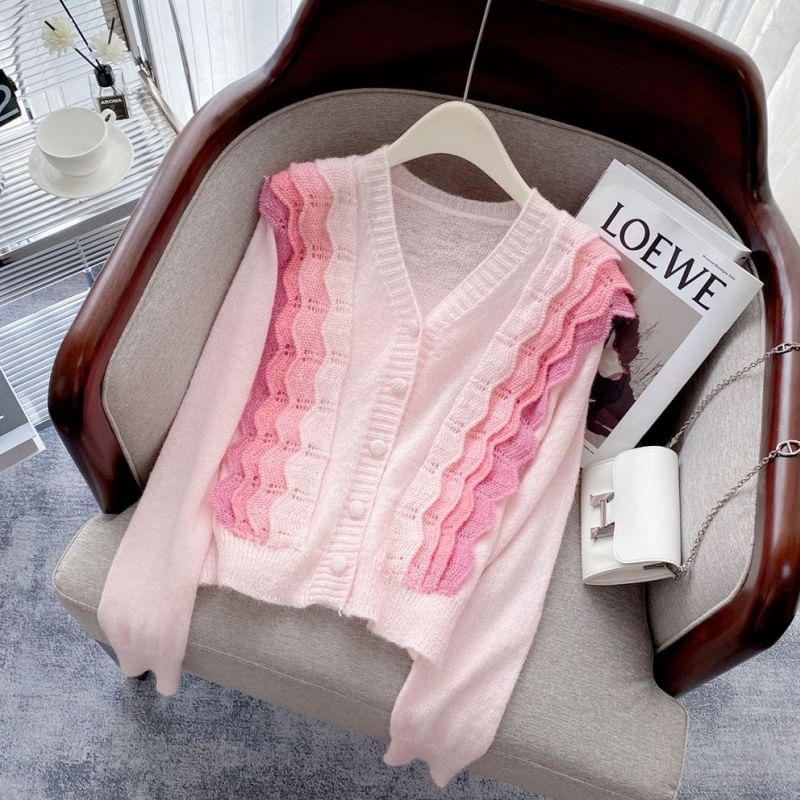 Color Block V-Neck Panel Cardigan