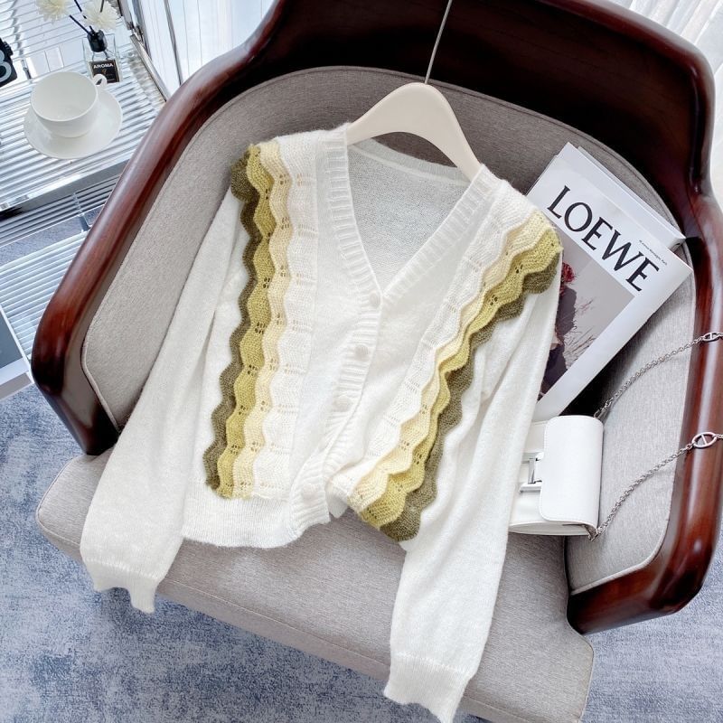 Color Block V-Neck Panel Cardigan
