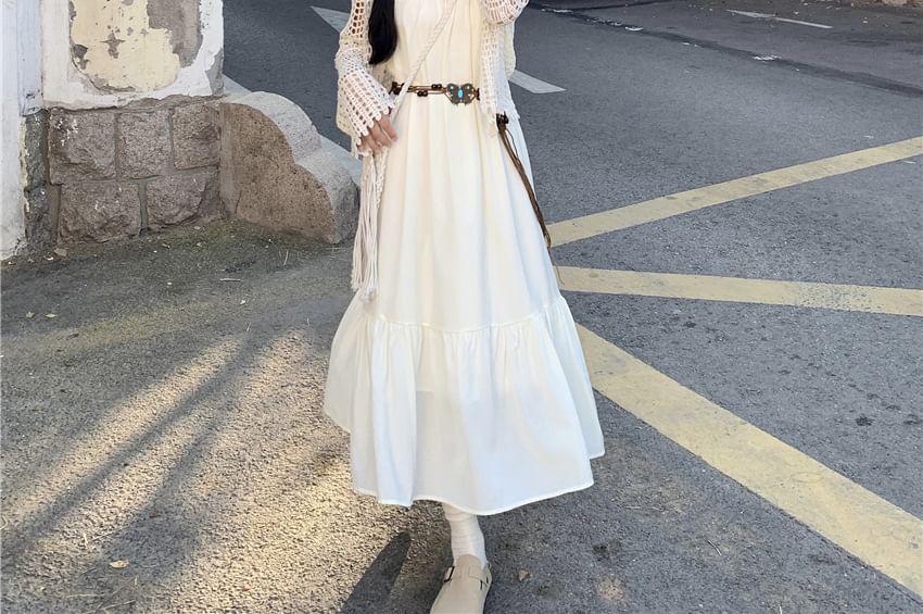Fringed Midi A-Line Dress & Perforated Cardigan Set with Belt