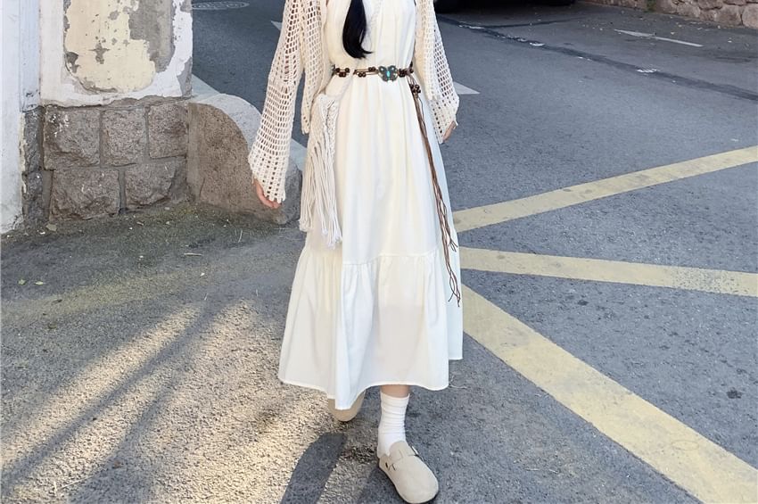 Fringed Midi A-Line Dress & Perforated Cardigan Set with Belt