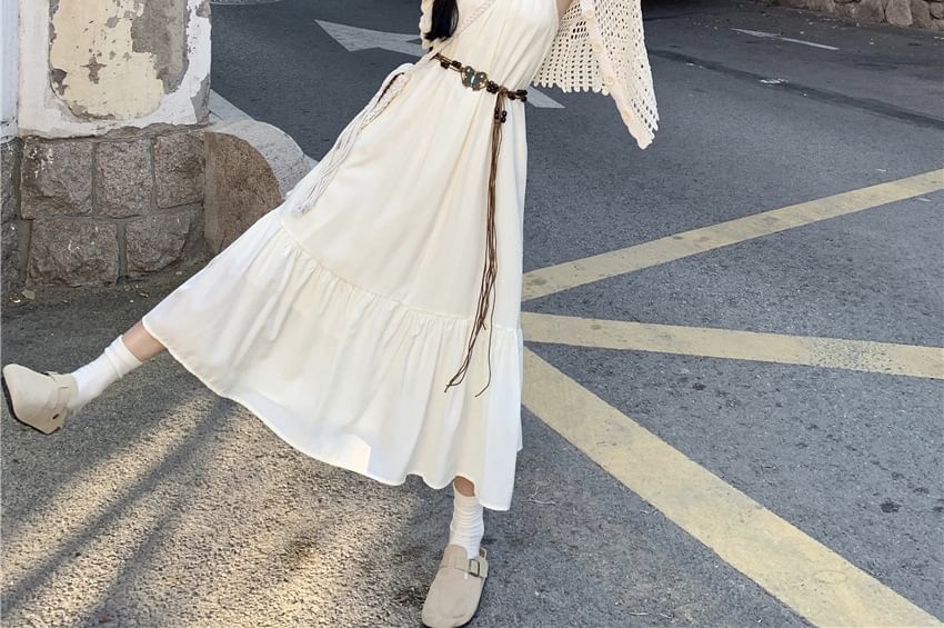 Fringed Midi A-Line Dress & Perforated Cardigan Set with Belt